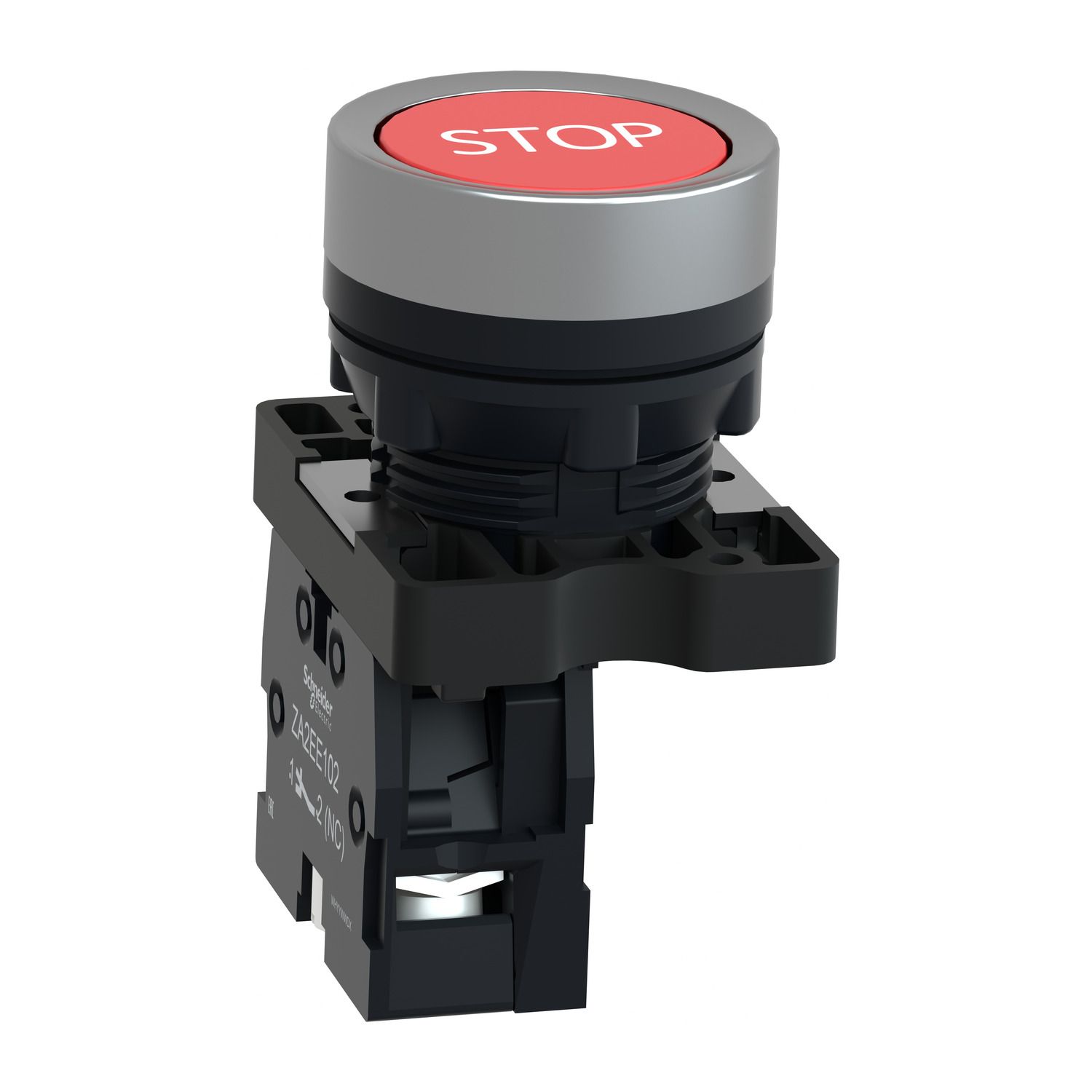 Picture of Complete push button, Easy Harmony XA2, plastic, flush, red, 22mm, spring return, marked STOP, 1NC