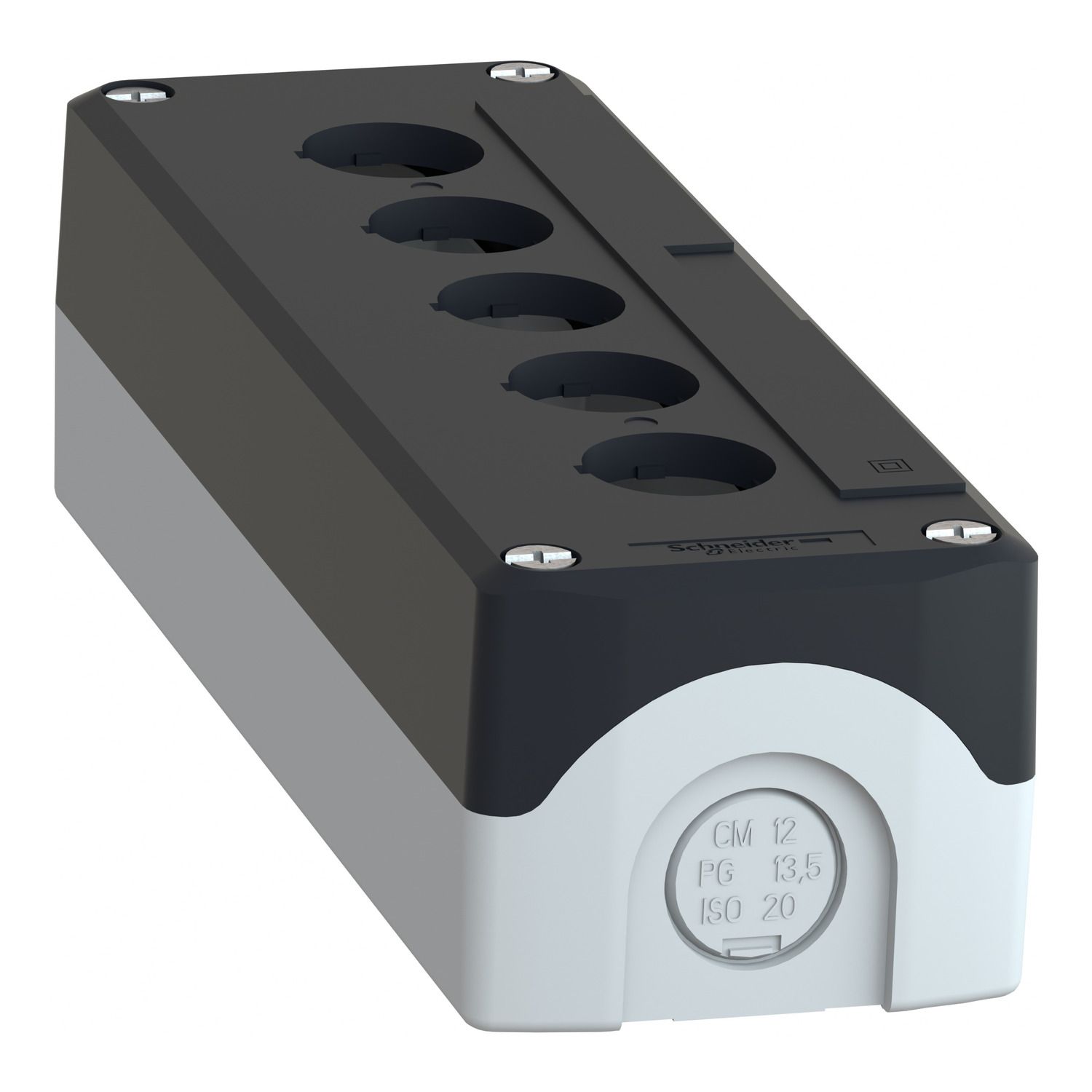 Picture of Empty enclosure, Harmony XALD XALK, plastic, dark grey lid, for push button 22mm, 5 cut outs