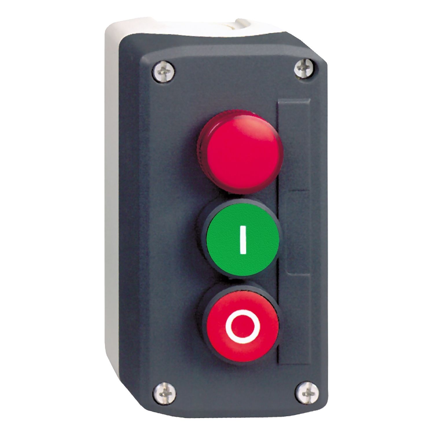 Picture of Control station, Harmony XALD XALK, plastic, dark grey lid, 1 red pilot light, 1 green flush, 1 red flush push buttons Ø22