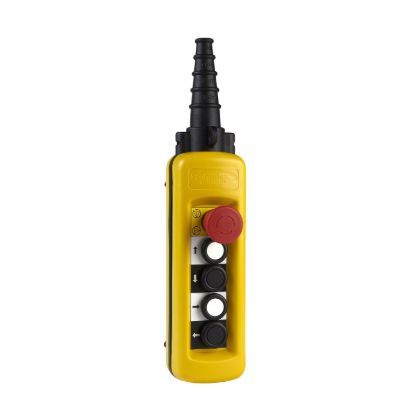 Picture of Pendant control station, Harmony XAC, plastic, yellow, 4 push buttons with NO+NC, 1 emergency stop NC