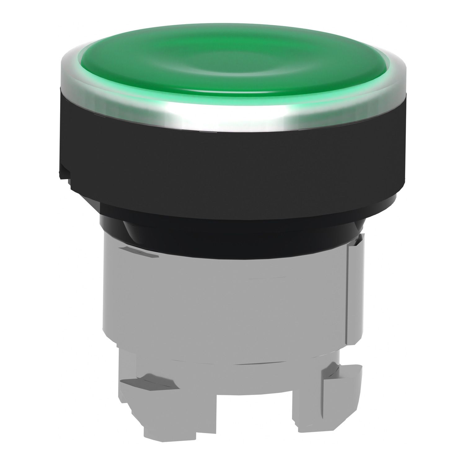 Picture of Head for illuminated push button, Harmony XB4, green flush, 22mm, universal LED, spring return, plain, unmarked