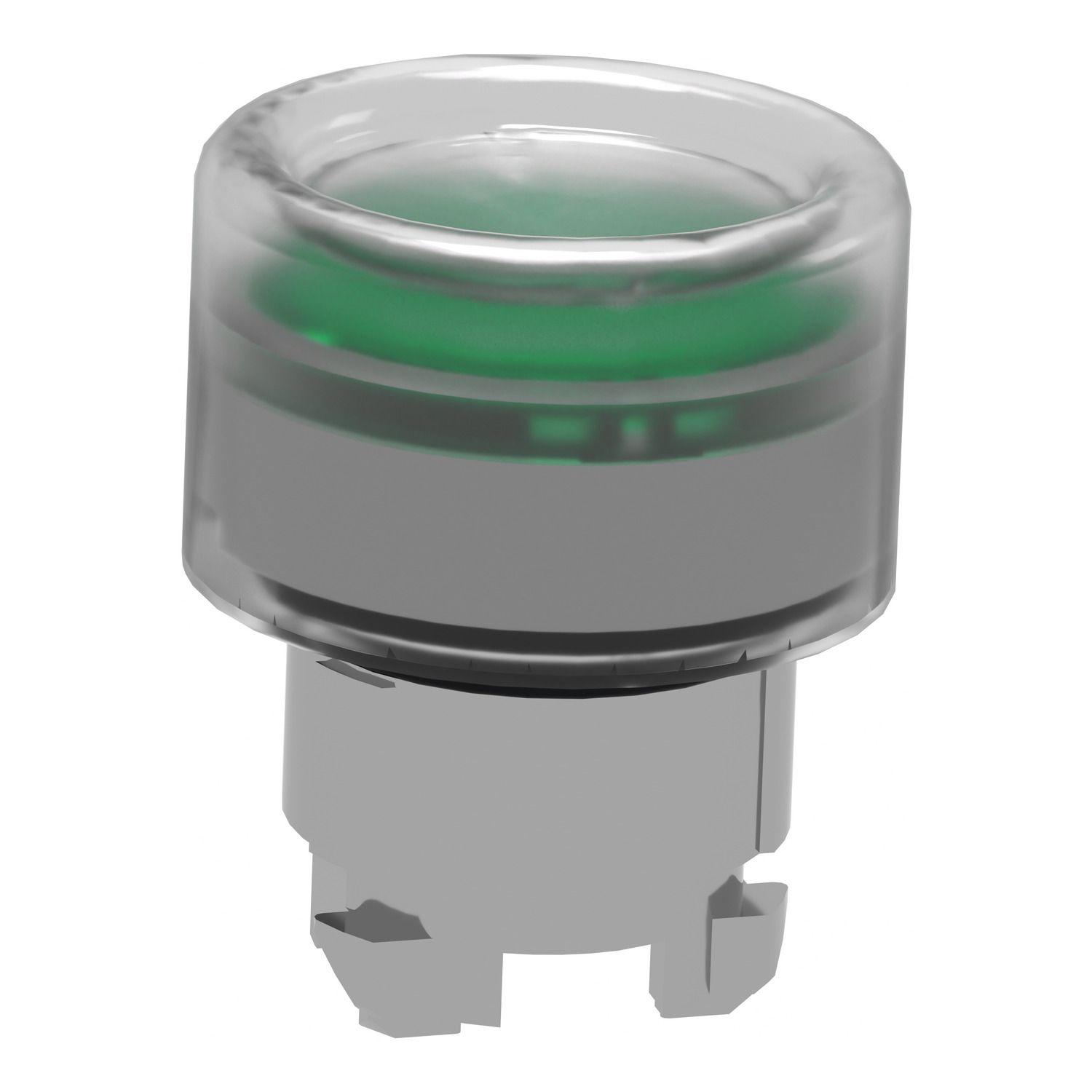 Picture of Head for illuminated push button, Harmony XB4, metal, green flush, 22mm, universal LED, spring return, clear boot