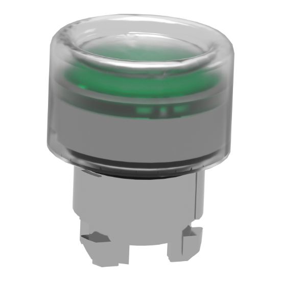 Picture of Head for illuminated push button, Harmony XB4, metal, green flush, 22mm, universal LED, spring return, clear boot