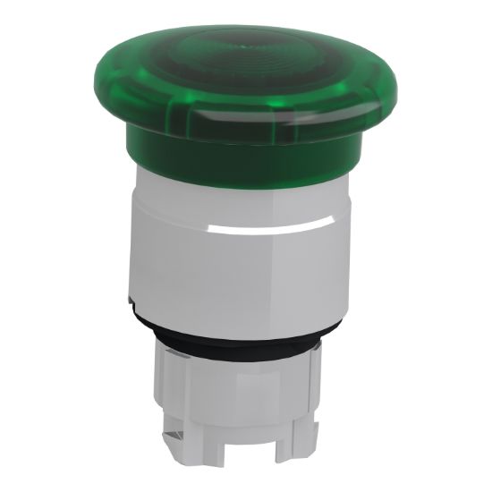 Picture of Head for illuminated push button, Harmony XB4, green mushroom 40mm, 22mm, latching, push pull to release, universal LED, unmarked