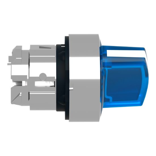 Picture of Head for illuminated selector switch, Harmony XB4, chromium metal, blue handle, 22mm, universal LED, 2 positions,