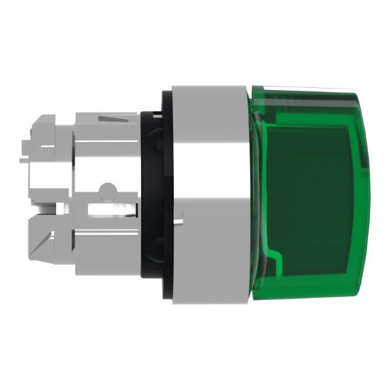 Picture of Head for illuminated selector switch, Harmony XB4, chromium metal, green handle, 22mm, universal LED, 3 positions, to center
