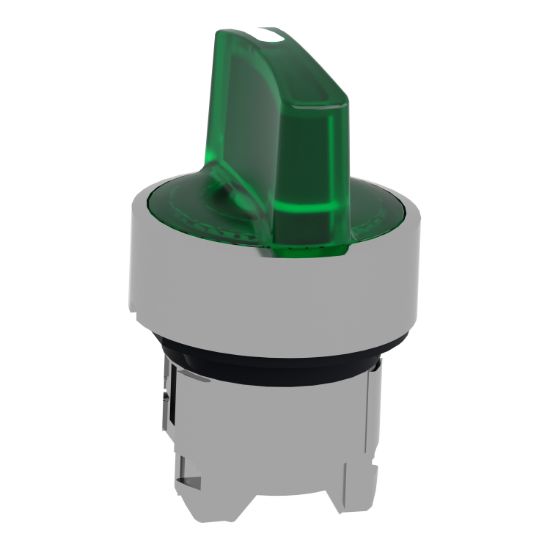 Picture of Head for illuminated selector switch, Harmony XB4, chromium metal, green handle, 22mm, universal LED, 3 positions, right to center