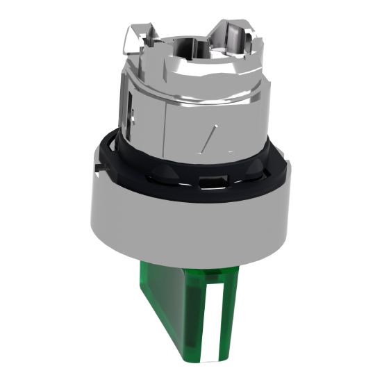 Picture of Head for illuminated selector switch, Harmony XB4, chromium metal, green handle, 22mm, universal LED, 3 positions, right to center
