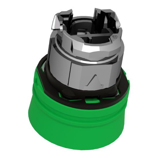 Picture of Push button head, Harmony XB4, metal, flush, green, 22mm, spring return, coloured boot, unmarked