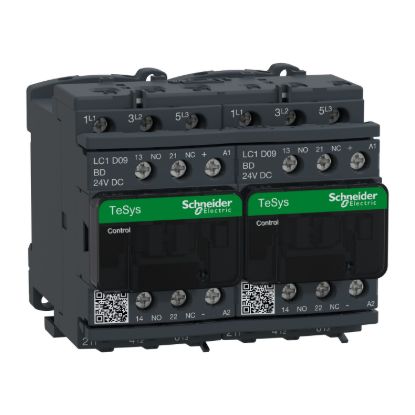Picture of Reversing Contactor, TeSys Deca, 3P(3NO), AC-3, <=440V, 9A, 24V DC coil, with electrical interlocking, screw clamp terminals