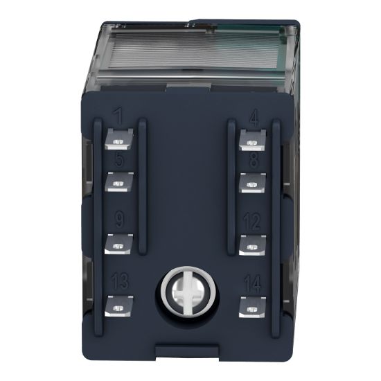 Picture of miniature plug in relay, Harmony Electromechanical Relays, 12A, 2CO, lockable test but to n, 110V DC