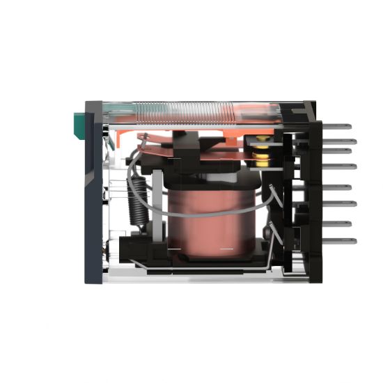 Picture of miniature plug in relay, Harmony Electromechanical Relays, 12A, 2CO, lockable test but to n, 110V DC