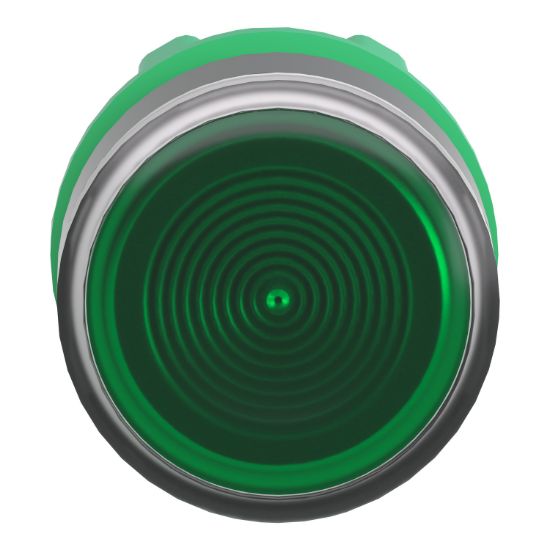 Picture of Head for illuminated push button, Harmony XB5, plastic, green flush, 22mm, universal LED, spring return, grooved lens