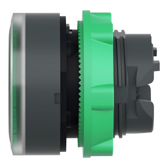 Picture of Head for illuminated push button, Harmony XB5, plastic, green flush, 22mm, universal LED, spring return, grooved lens