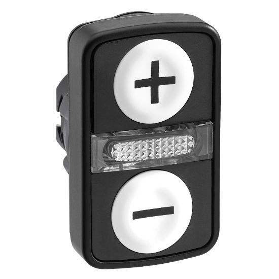 Picture of Head for illuminated double headed push button, Harmony XB5, 2 white flush, 22mm, black marked + and -