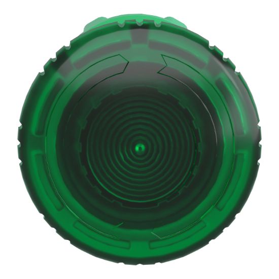 Picture of Head for illuminated push button, Harmony XB5, plastic, green mushroom 40mm, 22mm, latching turn to release, clear boot