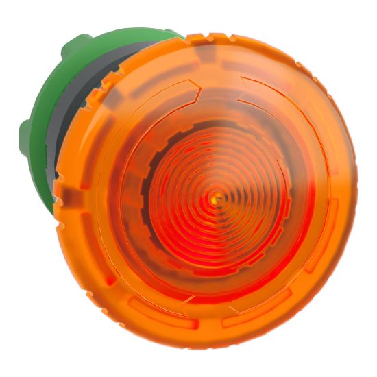 Picture of Head for illuminated push button, Harmony XB5, plastic, orange mushroom 40mm, 22mm, latching turn to release, clear boot