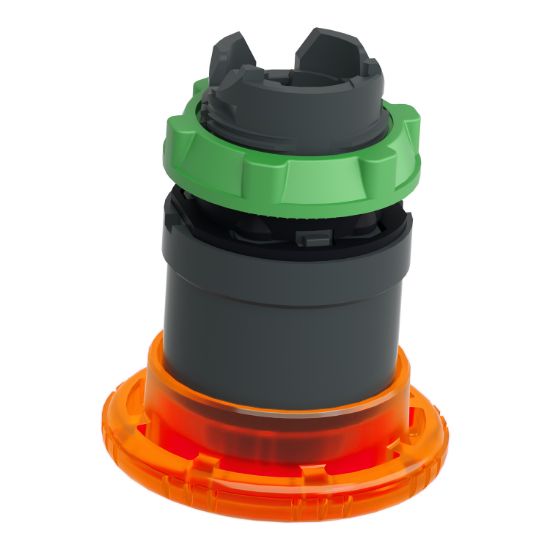 Picture of Head for illuminated push button, Harmony XB5, plastic, orange mushroom 40mm, 22mm, latching turn to release, clear boot