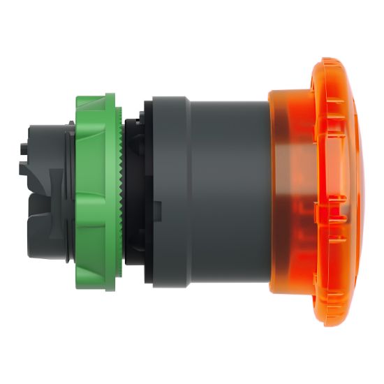 Picture of Head for illuminated push button, Harmony XB5, plastic, orange mushroom 40mm, 22mm, latching turn to release, clear boot