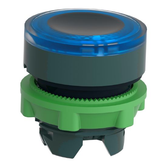 Picture of Head for illuminated push button, Harmony XB5, plastic, blue flush, 22mm, universal LED, spring return, illuminated ring