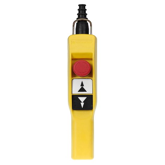 Picture of Pendant control station, Harmony XAC, plastic, yellow, pistol grip, 2 push buttons with 2NO, 1 emergency stop NC