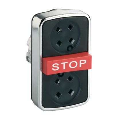 Picture of Head for illuminated triple headed push button, Harmony XB4, metal, 22mm, 2 flush push buttons, 1 central projecting red STOP, spring return, unmarked