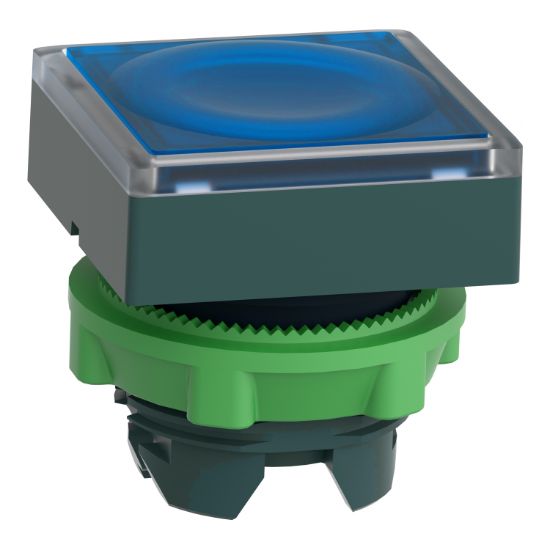 Picture of Head for illuminated push button, Harmony XB5, plastic, blue square flush, 22mm, universal LED, push-push, unmarked