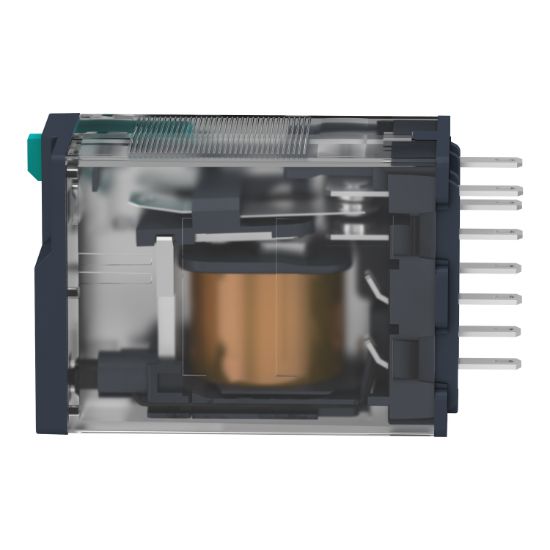 Picture of miniature plug in relay, Harmony Electromechanical Relays, 12A, 2CO, lockable test but to n, 12V DC