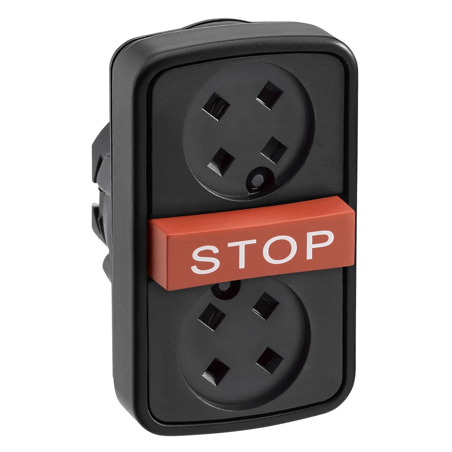 Picture of Head for triple headed push button, Harmony XB5, 2 flush without cap, 1 red projecting,  22mm, marked STOP