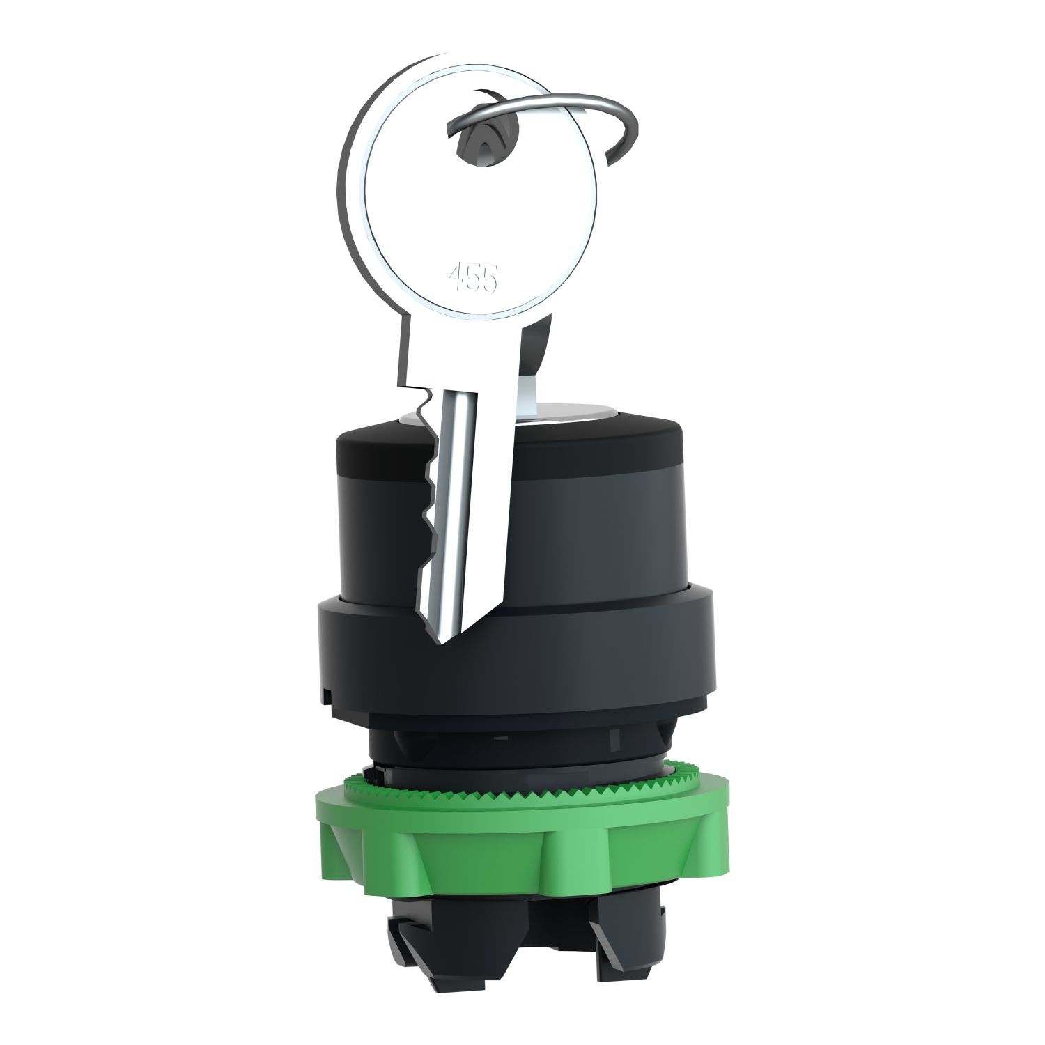 Picture of Key switch selector head, Harmony XB5, plastic, black, 22mm, key 455, 3 positions, spring return from left to center