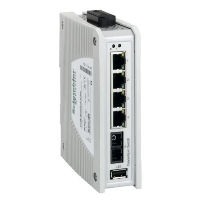 Picture of switch, Modicon Networking, premium unmanaged switch, 4 ports for copper, 1 port for fiber optic single-mode