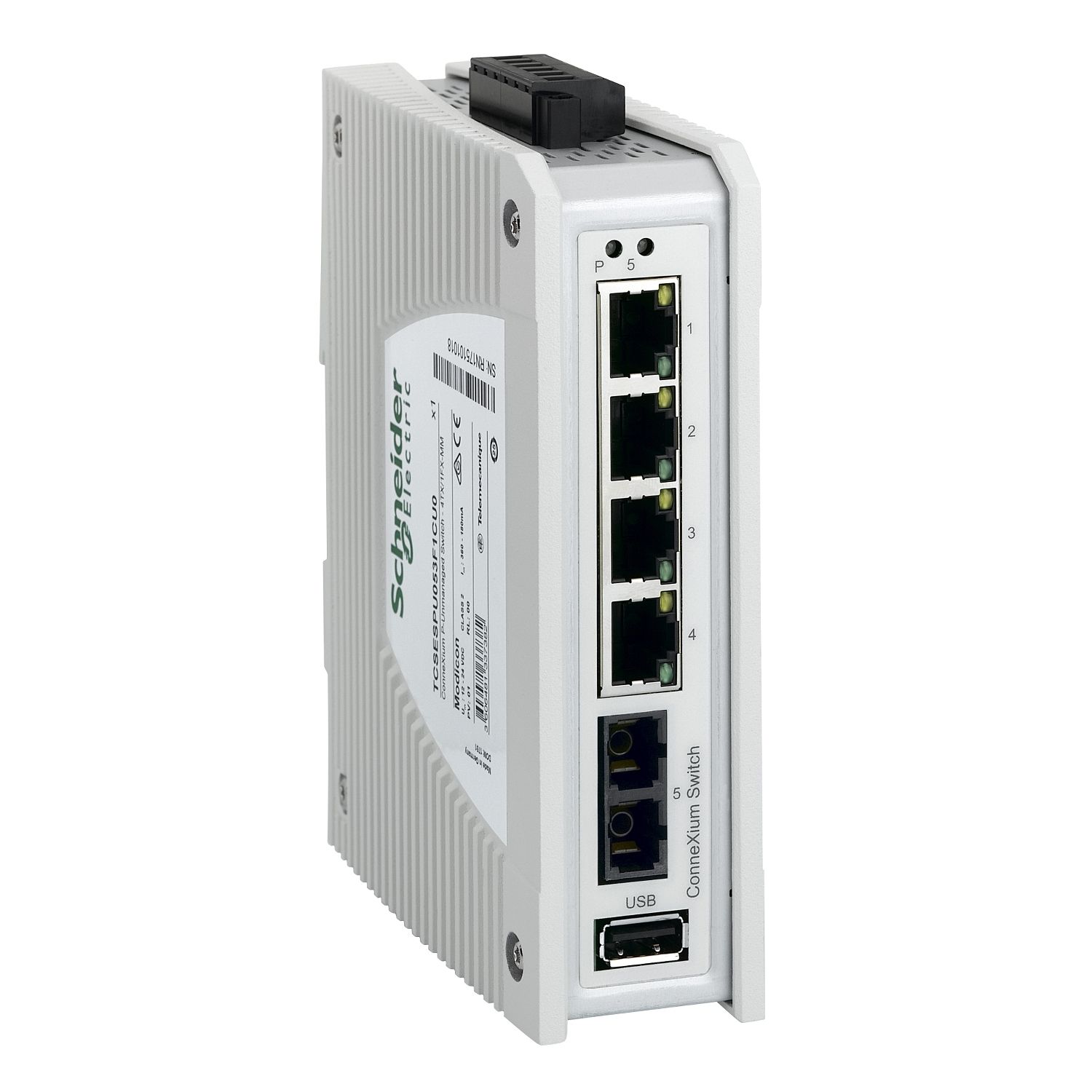Picture of switch, Modicon Networking, premium unmanaged switch, 4 ports for copper, 1 port for fiber optic multimode