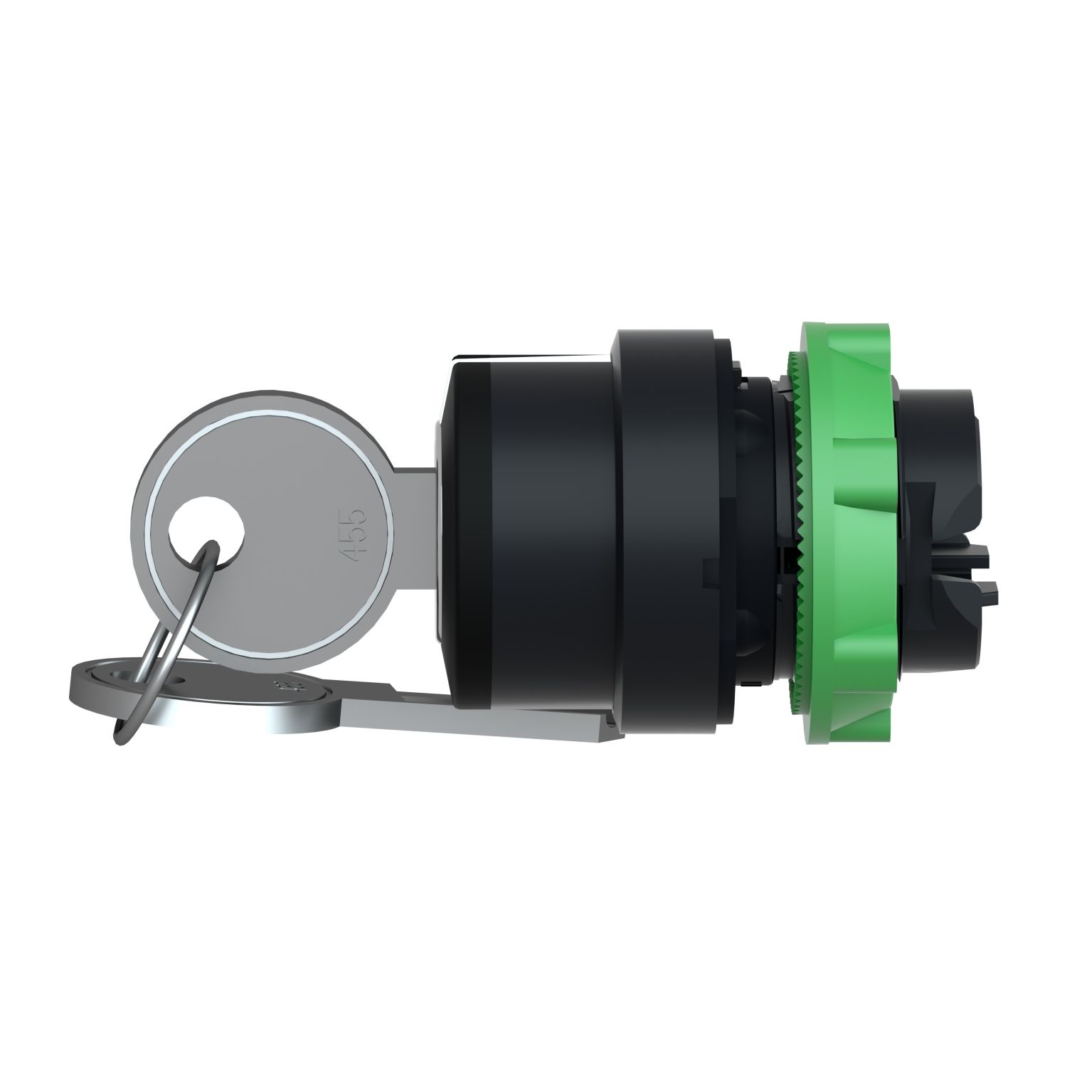 Picture of Key switch selector head, Harmony XB5, plastic, black, 22mm, key 455, 3 positions, spring return to center