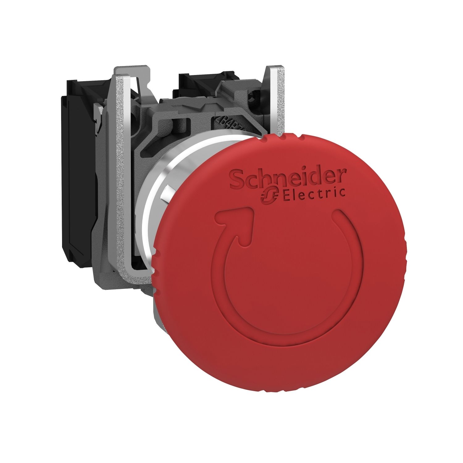 Picture of Emergency stop push button, Harmony XB4, metal, red mushroom, 40mm, 22mm, trigger latching turn to release, 2NC