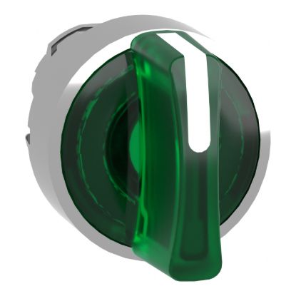 Picture of Head for illuminated selector switch, Harmony XB4, metal, green handle, 22mm, universal LED, 3 positions, stay put