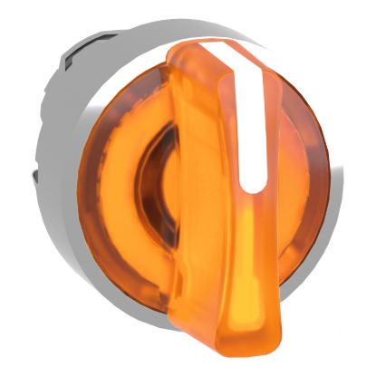 Picture of Head for illuminated selector switch, Harmony XB4, metal, orange handle, 22mm, universal LED, 3 positions, left to center