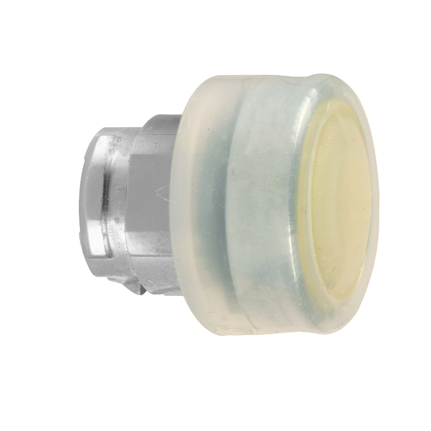 Picture of Head for non illuminated push button, Harmony XB4, yellow flush push button 22mm spring return, unmarked, clear boot, chromium plated metal bezel