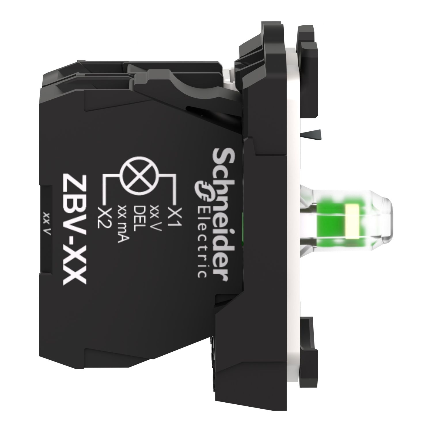 Picture of Complete body/contact assembly and light block, Harmony XB5, plastic, universal LED, body/fixing collar, 1NO, 24V AC DC