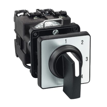 Picture of Cam stepping switch, Harmony K, 22mm, plastic, 1 pole, 4 steps, 45°, 12A, 45x45mm, metallic legend, marked 1 2 3 4, 35mm black handle