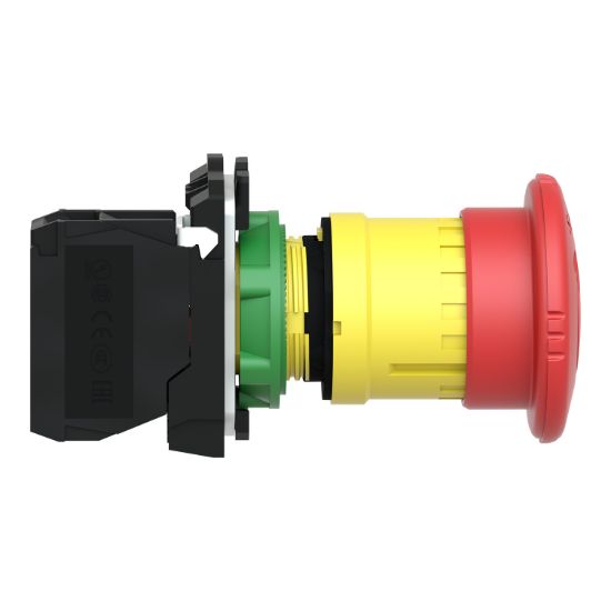 Picture of Emergency stop switching off, Harmony XB5, plastic, red mushroom 40mm, 22mm, trigger latching turn to release, 1NC
