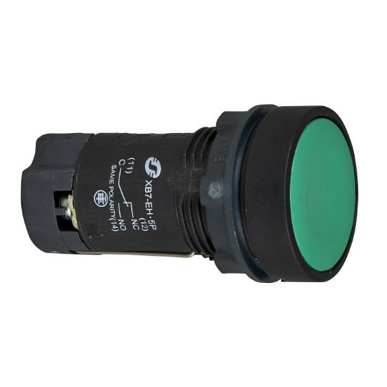 Picture of green flush pushbutton Ø22 - spring return - 1 NO - Faston connectors - unmarked