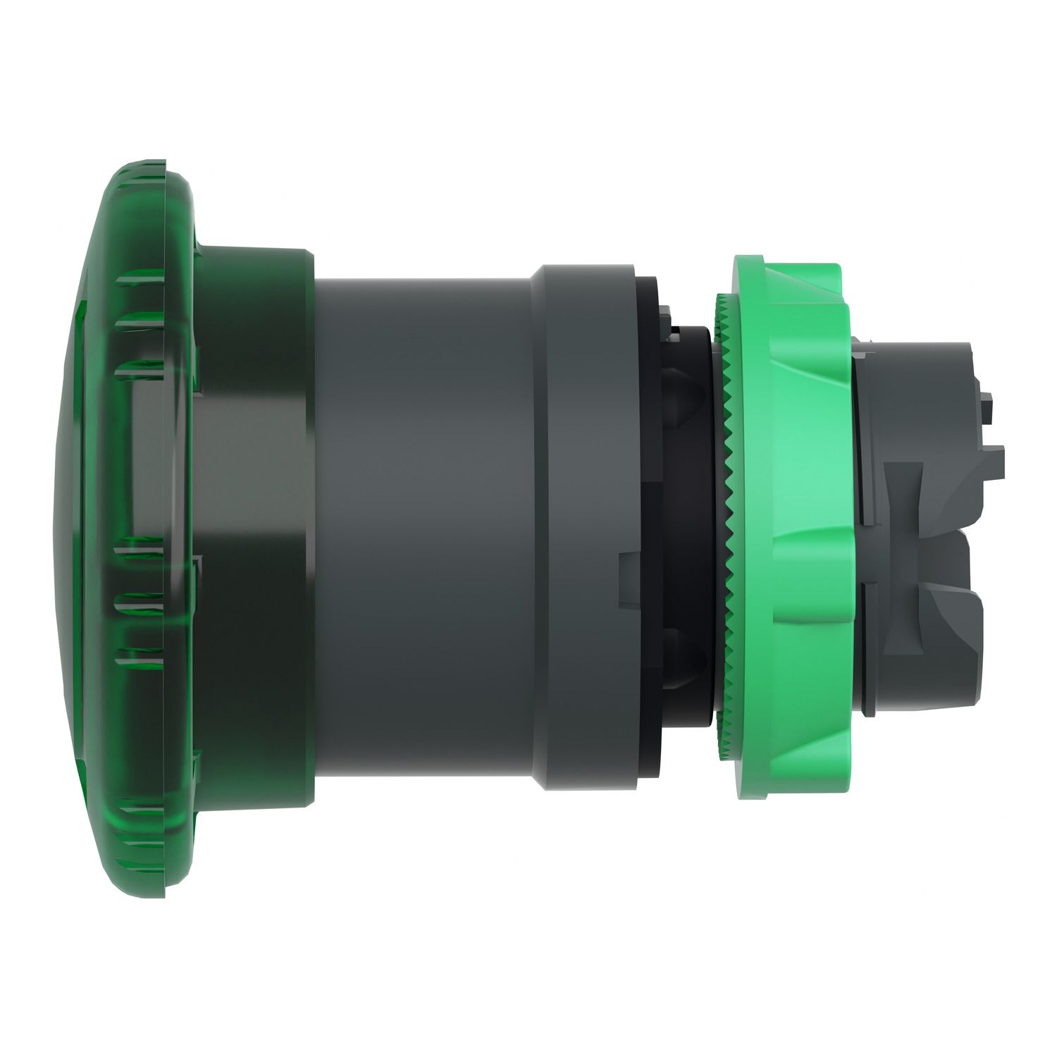 Picture of Head for illuminated push button, Harmony XB5, plastic, green mushroom 40mm, 22mm, latching turn to release, clear boot