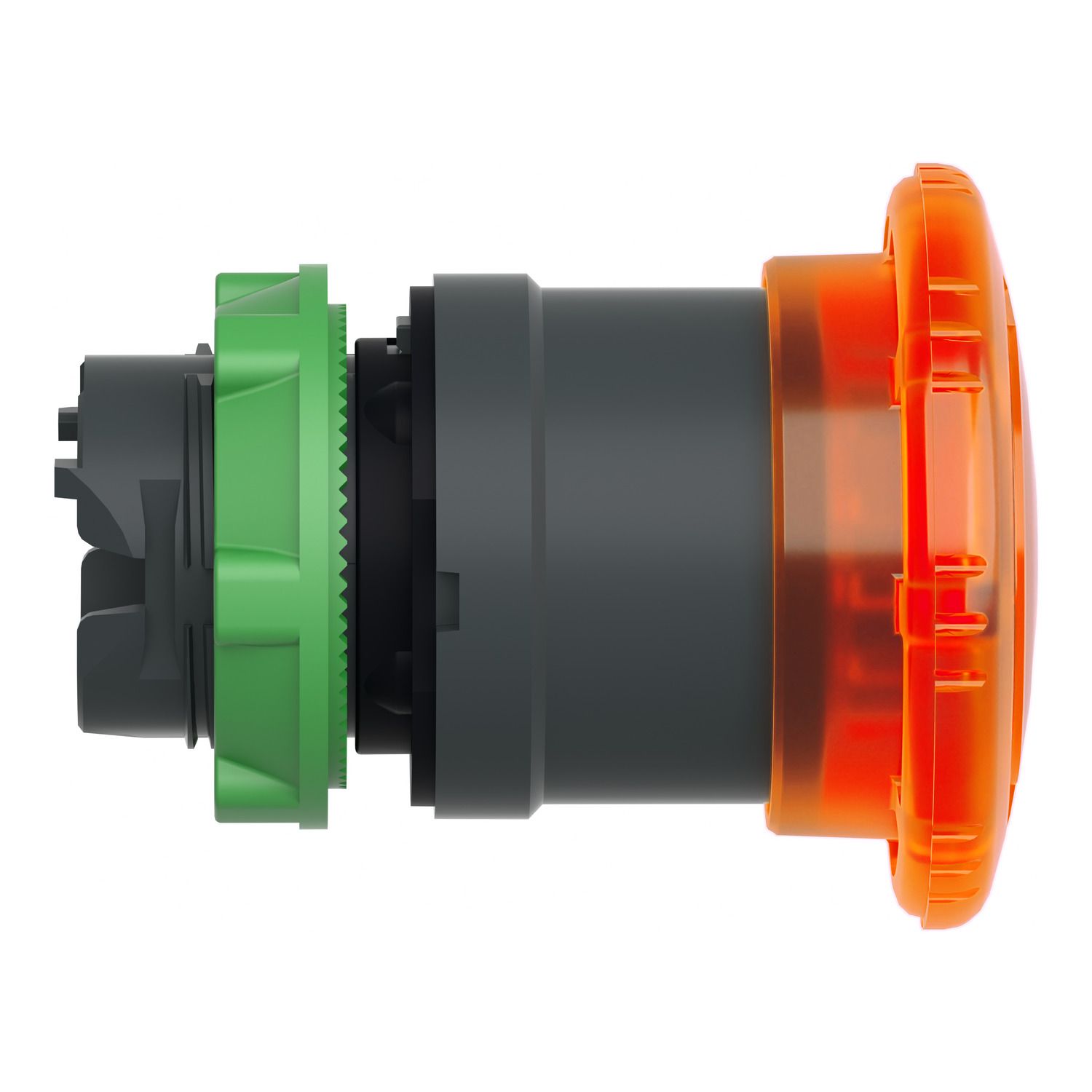 Picture of Head for illuminated push button, Harmony XB5, plastic, orange mushroom 40mm, 22mm, latching turn to release, clear boot