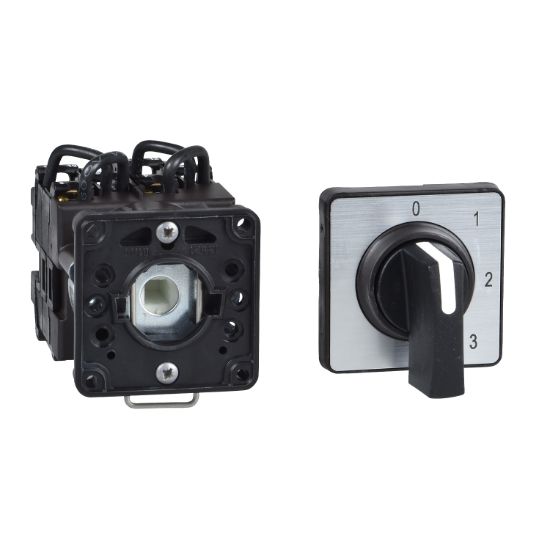 Picture of Cam stepping switch, Harmony K, 22mm, plastic, 1 pole, 3 steps, position 0, 45 degree, 20A, 45x45mm,metallic legend, marked 0/1/2/3, 35mm black handle