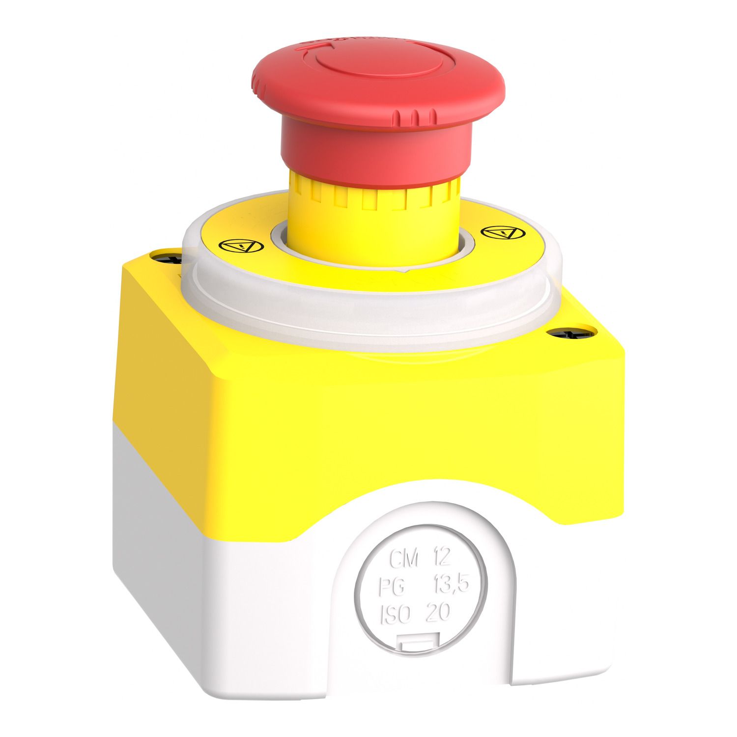 Picture of Control station, Harmony XALD, plastic, yellow lid, 1 emergency stop 40mm, turn to release, illuminated ring white red fixed, 1NO 1NC, 24V AC DC