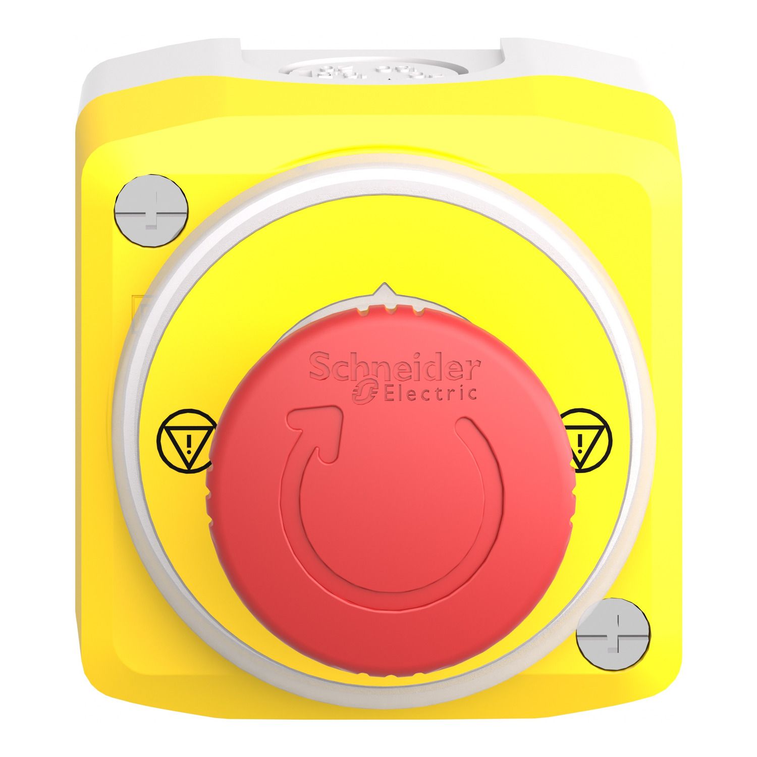 Picture of Control station, Harmony XALD, plastic, yellow lid, 1 emergency stop 40mm, turn to release, illuminated ring white red fixed, 1NO 1NC, 24V AC DC