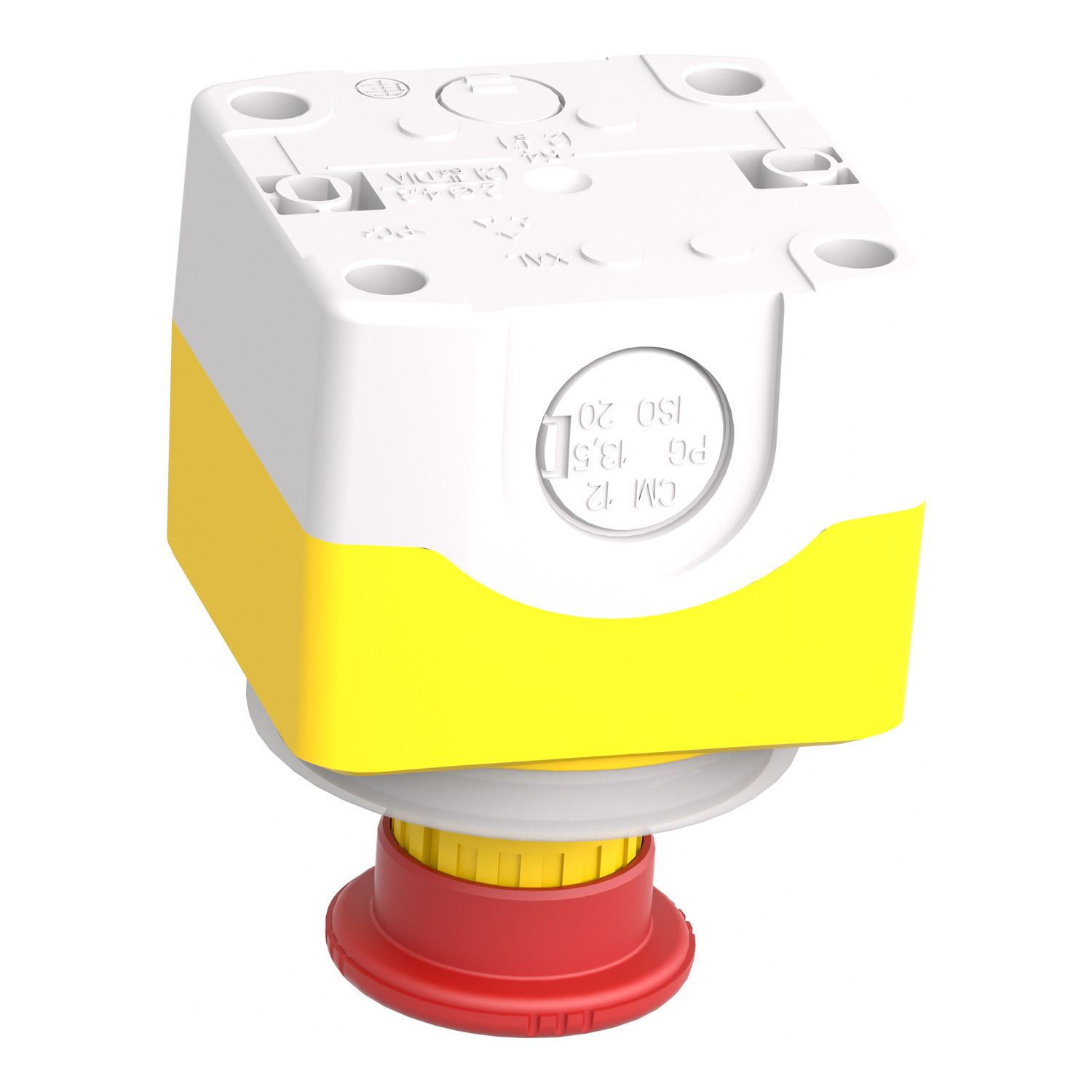 Picture of Control station, Harmony XALD, plastic, yellow lid, 1 emergency stop 40mm, turn to release, illuminated ring white red fixed, 1NO 1NC, 24V AC DC