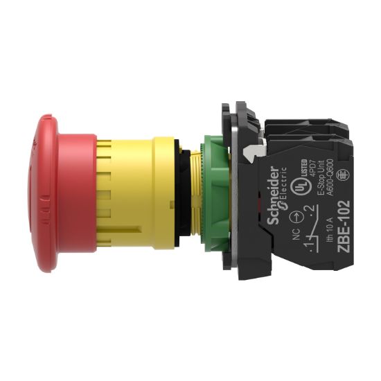 Picture of Emergency stop switching off, Harmony XB5, plastic, red mushroom 40mm, 22mm, trigger latching turn to release, 2NC