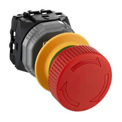Picture of Emergency stop push button, Harmony XB5, plastic, red, mushroom 40mm, 22mm, trigger latching turn to release, monitoring contact, 1NO  2NC