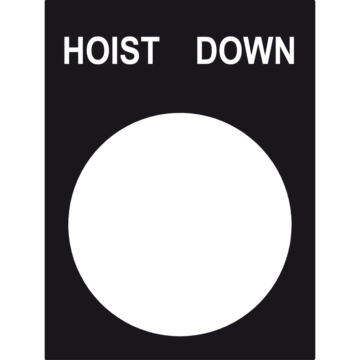 Picture of Marked legend, Harmony XAC, nameplate, 30 x 40mm, plastic, black, 22mm push button, white marked HOIST DOWN